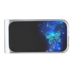 Morpho Butterfly in the Dark Background Silver Finish Money Clip