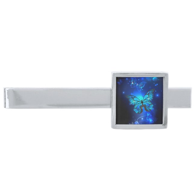 Morpho Butterfly in the Dark Background Silver Finish Tie Bar (Front)