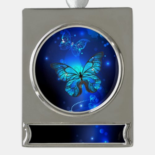 Morpho Butterfly in the Dark Background Silver Plated Banner Ornament