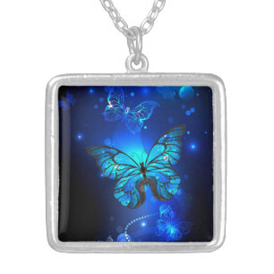 Morpho Butterfly in the Dark Background Silver Plated Necklace