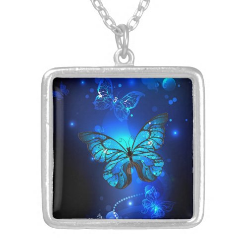 Morpho Butterfly in the Dark Background Silver Plated Necklace