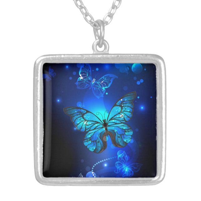 Morpho Butterfly in the Dark Background Silver Plated Necklace (Front)