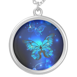 Morpho Butterfly in the Dark Background Silver Plated Necklace