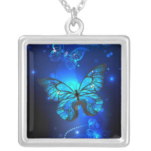 Morpho Butterfly in the Dark Background Silver Plated Necklace