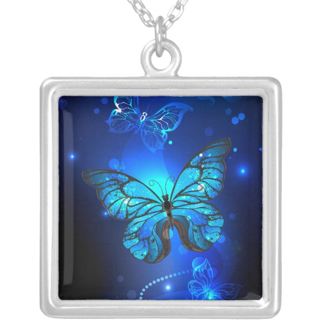 Morpho Butterfly in the Dark Background Silver Plated Necklace (Front)