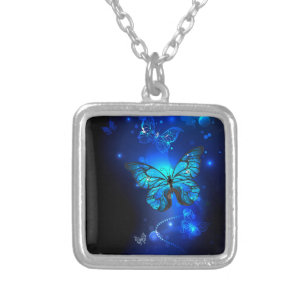 Morpho Butterfly in the Dark Background Silver Plated Necklace