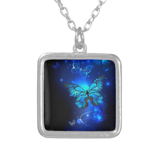 Morpho Butterfly in the Dark Background Silver Plated Necklace (Front)