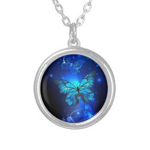 Morpho Butterfly in the Dark Background Silver Plated Necklace