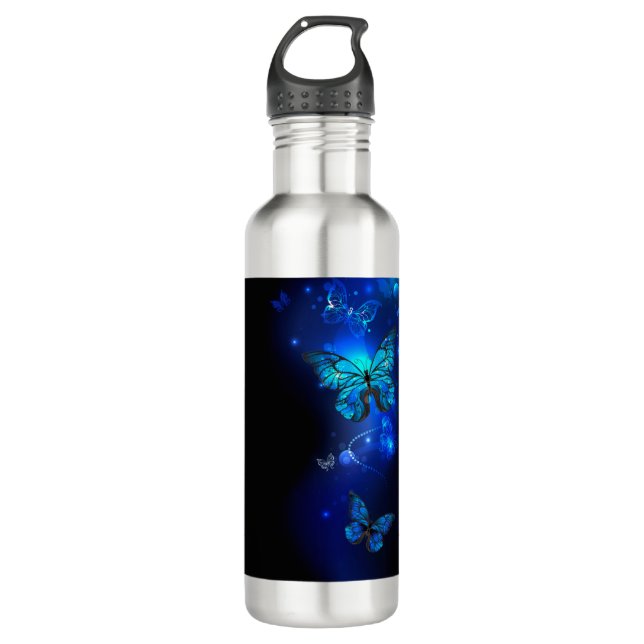 Morpho Butterfly in the Dark Background Stainless Steel Water Bottle (Front)