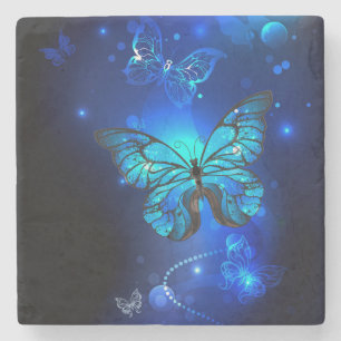 Morpho Butterfly in the Dark Background Stone Coaster