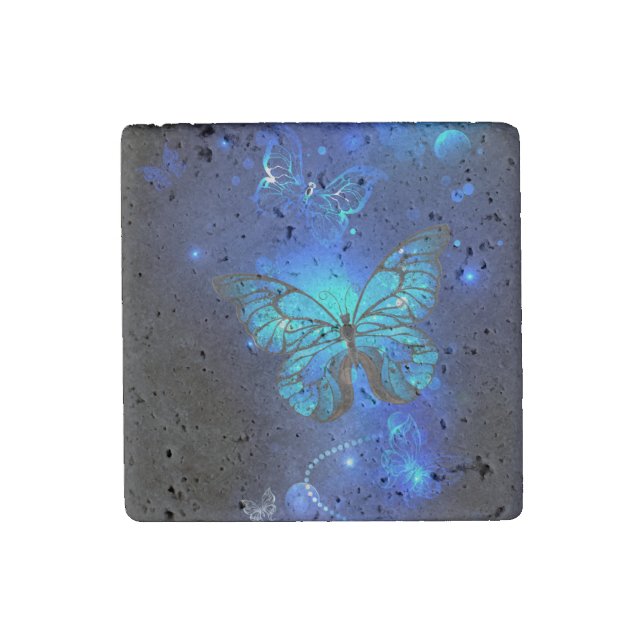 Morpho Butterfly in the Dark Background Stone Magnet (Front)