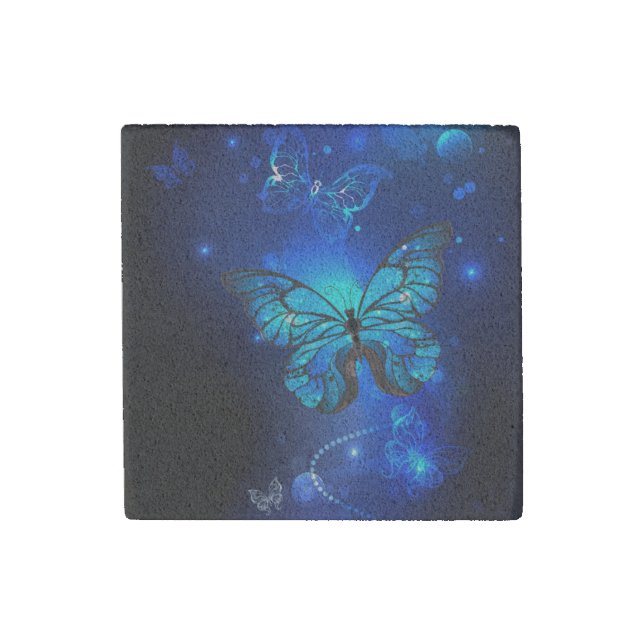 Morpho Butterfly in the Dark Background Stone Magnet (Front)