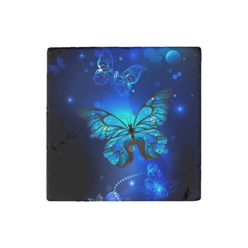 Morpho Butterfly in the Dark Background Stone Magnet
