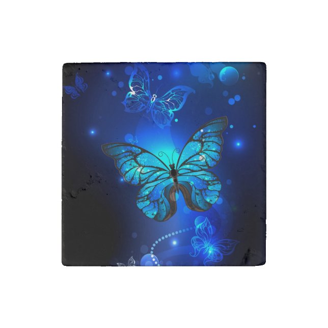 Morpho Butterfly in the Dark Background Stone Magnet (Front)