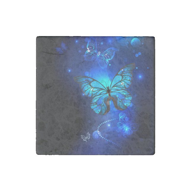 Morpho Butterfly in the Dark Background Stone Magnet (Front)