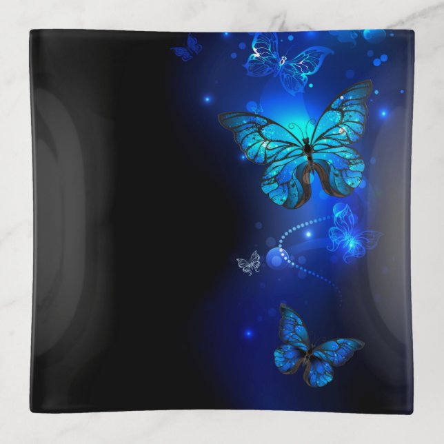 Morpho Butterfly in the Dark Background Trinket Tray (Front)