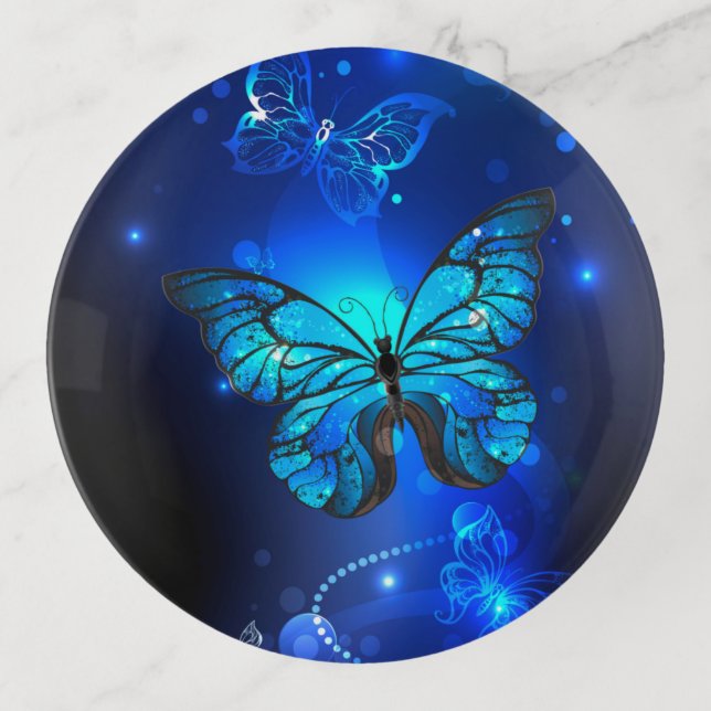 Morpho Butterfly in the Dark Background Trinket Tray (Front)