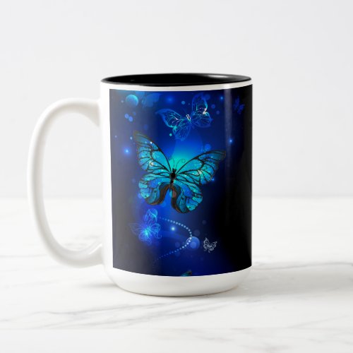 Morpho Butterfly in the Dark Background Two_Tone Coffee Mug