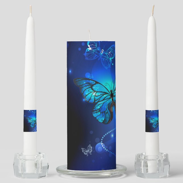 Morpho Butterfly in the Dark Background Unity Candle Set (Front)