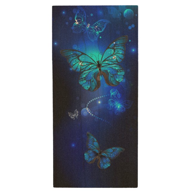 Morpho Butterfly in the Dark Background Wood Flash Drive (Front Vertical)