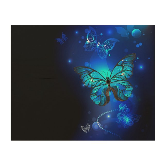 Morpho Butterfly in the Dark Background Wood Wall Art (Front)