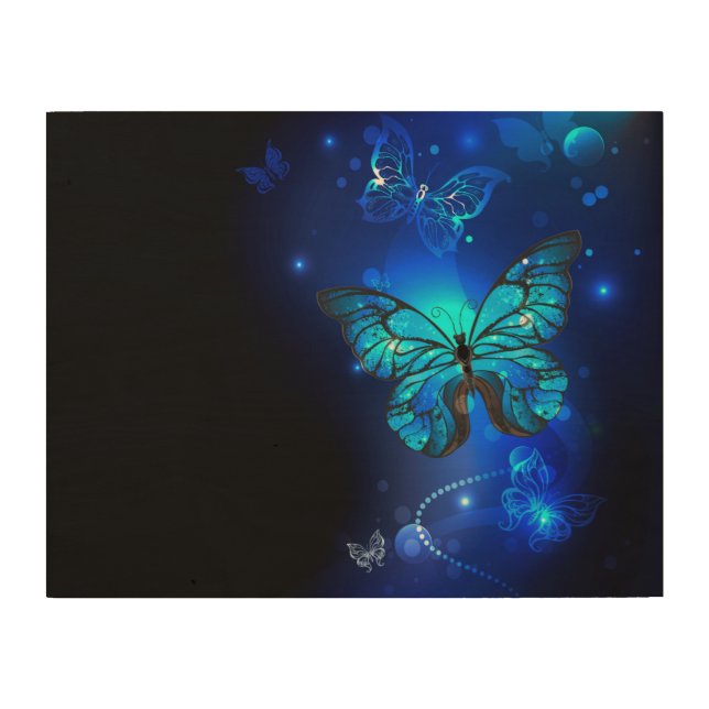 Morpho Butterfly in the Dark Background Wood Wall Art (Front)