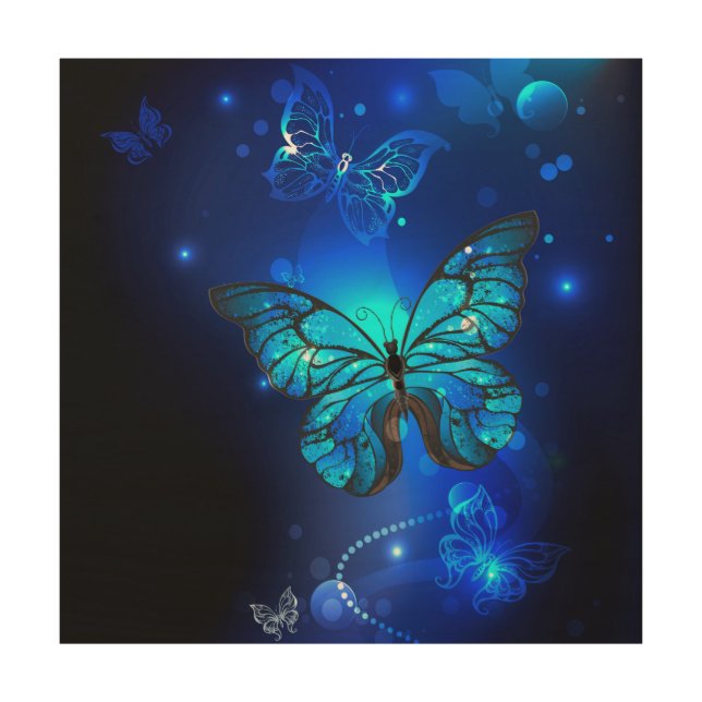Morpho Butterfly in the Dark Background Wood Wall Art (Front)