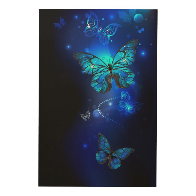 Morpho Butterfly in the Dark Background Wood Wall Art (Front)