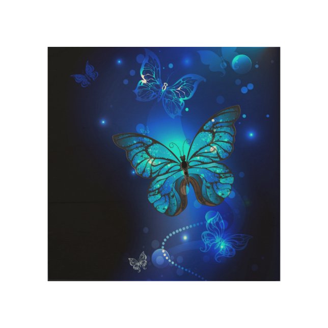 Morpho Butterfly in the Dark Background Wood Wall Art (Front)