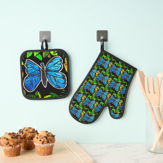 Morpho Butterfly Oven Mitt & Pot Holder Set (Insitu(Hanging))