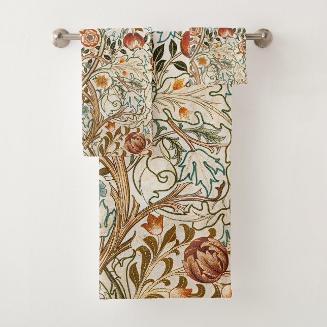  Morris Acanthus Floral Crewel Embroidery Pattern Bath Towel Set (Insitu)