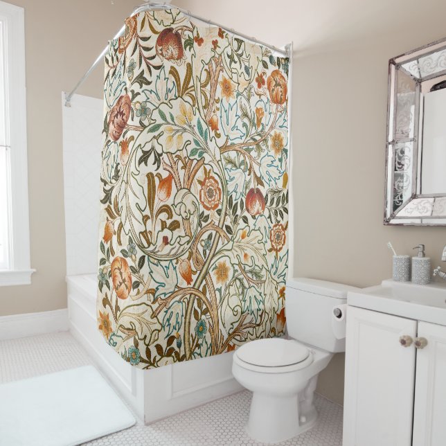 Morris Acanthus Floral Crewel Embroidery Pattern Shower Curtain (In Situ)