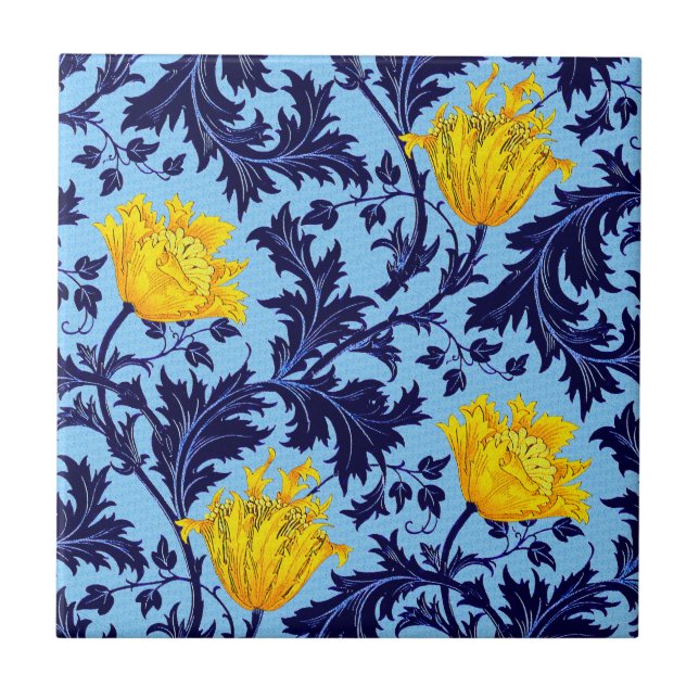 Morris Anemo, Navy and Mustard Yellow Ceramic Tile (Front)