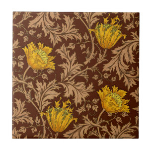 Morris Anemone Pattern, Brown and Mustard Gold Ceramic Tile