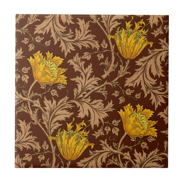 Morris Anemone Pattern, Brown and Mustard Gold Ceramic Tile (Front)