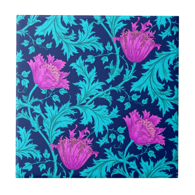 Morris Anemone Pattern, Navy, Turquoise & Magenta Ceramic Tile (Front)