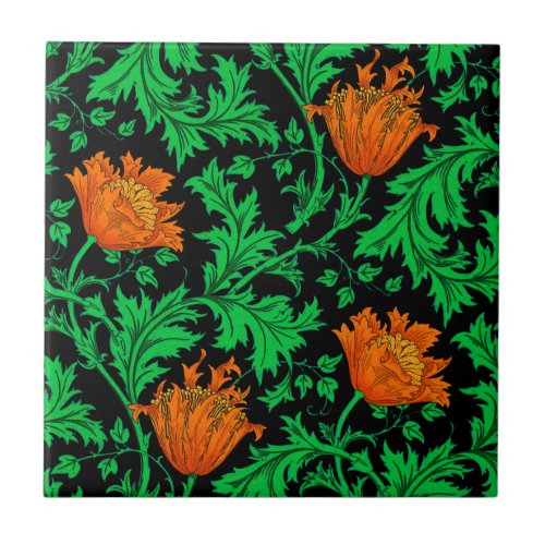 Morris Anemone Pattern Orange Green and Black Ceramic Tile