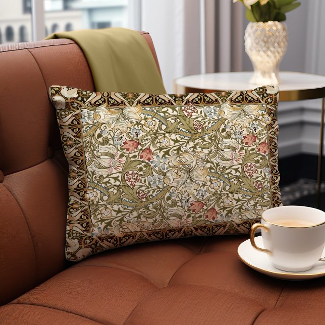 Morris Birds & Anemone Dark Jungle Green Pattern Accent Pillow (Creator Uploaded)