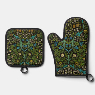 Morris Black Background Vintage Blackthorn Pattern Oven Mitt & Pot Holder Set
