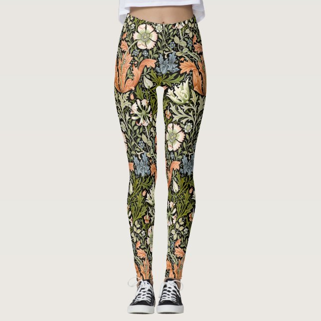 Morris BlackBackground 1896 Compton Floral Pattern Leggings (Front)