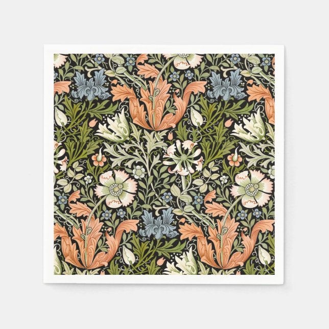 Morris BlackBackground 1896 Compton Floral Pattern Napkins (Front)