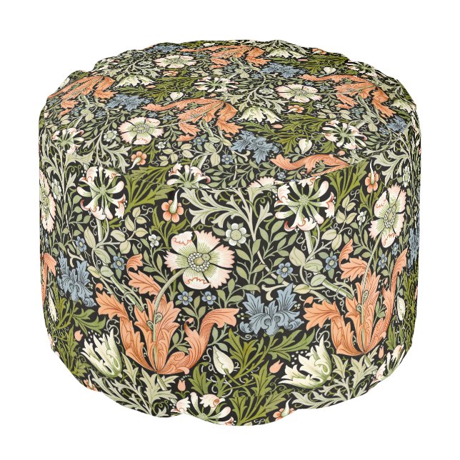 Morris BlackBackground 1896 Compton Floral Pattern Pouf (Angled Front)