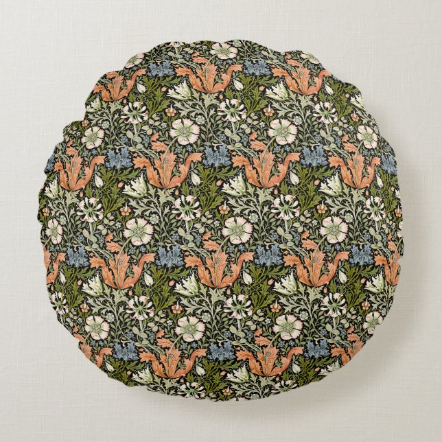Morris BlackBackground 1896 Compton Floral Pattern Round Pillow (Front)