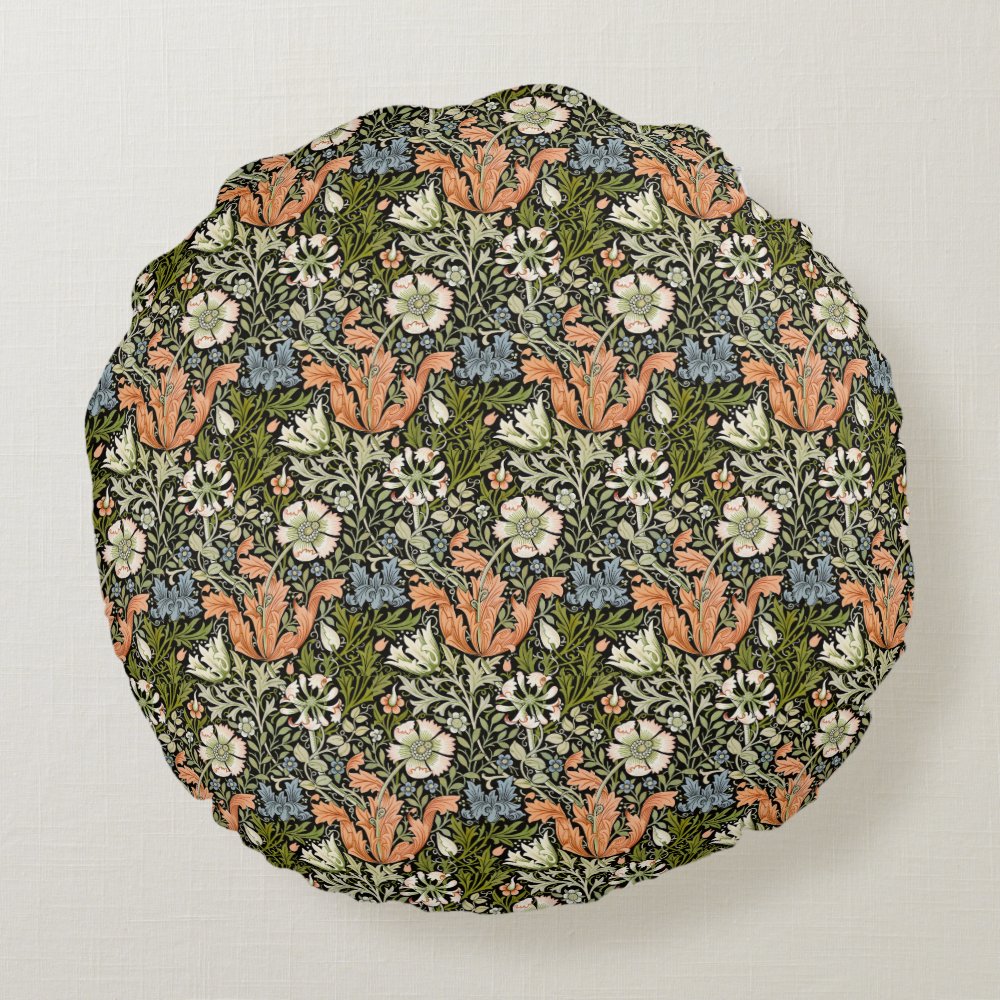 Disover Morris BlackBackground 1896 Compton Floral Pattern Round Pillow