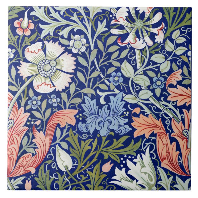 Morris Blue Background 1896 Compton Floral Pattern Ceramic Tile (Front)
