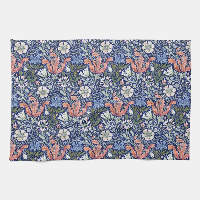 Morris Blue Background 1896 Compton Floral Pattern Kitchen Towel (Horizontal)