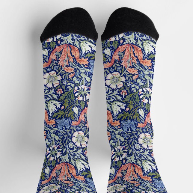 Morris Blue Background 1896 Compton Floral Pattern Socks (Top)