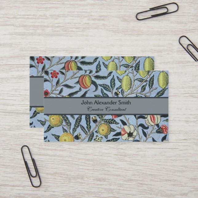 Morris Blue Background Antique Pomegrana Pattern Business Card (Front/Back In Situ)