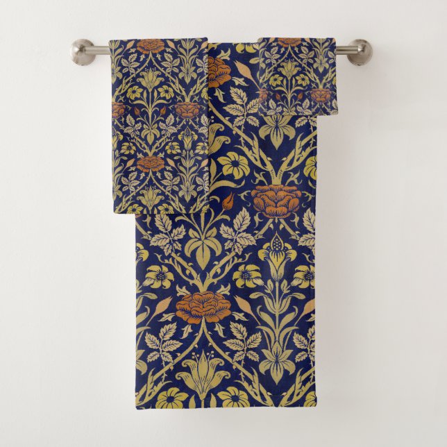 Morris Blue Background Rose & Lily Flower Pattern Bath Towel Set (Insitu)