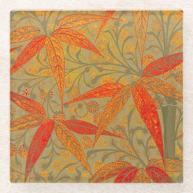 Morris & Co. Bamboo Pattern Godwin Orange & Sage Glass Coaster (Front)